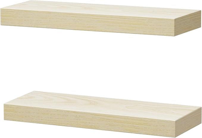 QEEIG Bathroom Floating Shelves for Wall - 15.7" Wall Mounted Shelf Over Toilet Farmhouse Home Decor Display Bookshelf Small 15.7 x 6.7 inch Set of 2, Natural Light Brown (008-40N)