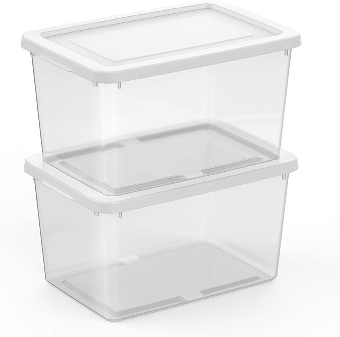 Sterilite 6 Pack Storage Boxes, Clear Plastic Stackable Containers, Lightweight Home Organizers with Snap Lids, 20 Quart, White