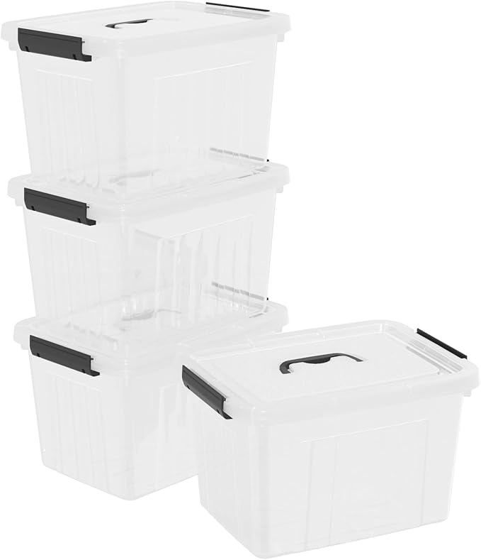EudokkyNA 4-Pack Latching Box with Handle, 20L Clear Plastic Storage Bins with Lid