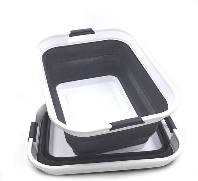 SAMMART 42L(11 gallon) Set of 2 Collapsible Plastic Laundry Basket-Foldable Pop Up Storage Container-Portable Washing Tub-Space Saving,Water capacity 34L(9 gallon) (2 rectangular - strengthen, black)
