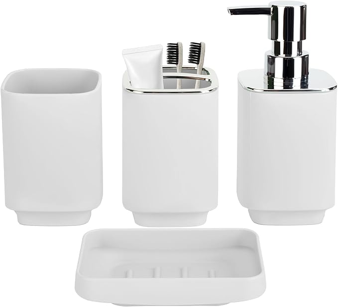 4Pack Bathroom Accessories Set, Bohemian Bathroom Sink Set, Contain Soap Dispenser, Toothbrush Holder, Soap Dish & Mouthwash Cup,Square soap and Toothbrush Holder Set