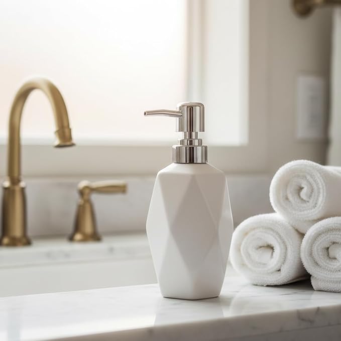 Soap Dispenser, 13.5oz Ceramic Soap Dispenser Bathroom for Kitchen & Bathroom (White)