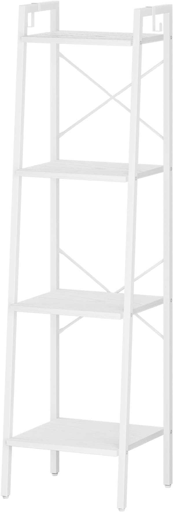 Ladder Shelf, Bookshelf Bookcase, Freestanding Corner Storage Shelve with 2 Hooks for Home Office, Living Room, Kitchen, Bedroom, Industrial, 4-Tier White BC13213W