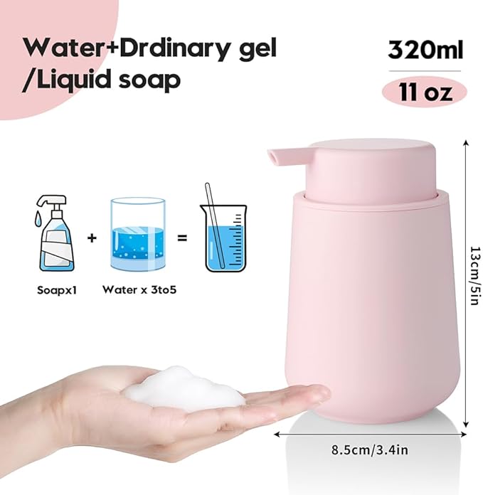 Matte Light Pink Foaming Hand Soap Dispenser Plastic 11 oz - Modern Minimalist Style for Bathroom & Kitchen Countertop Refillable