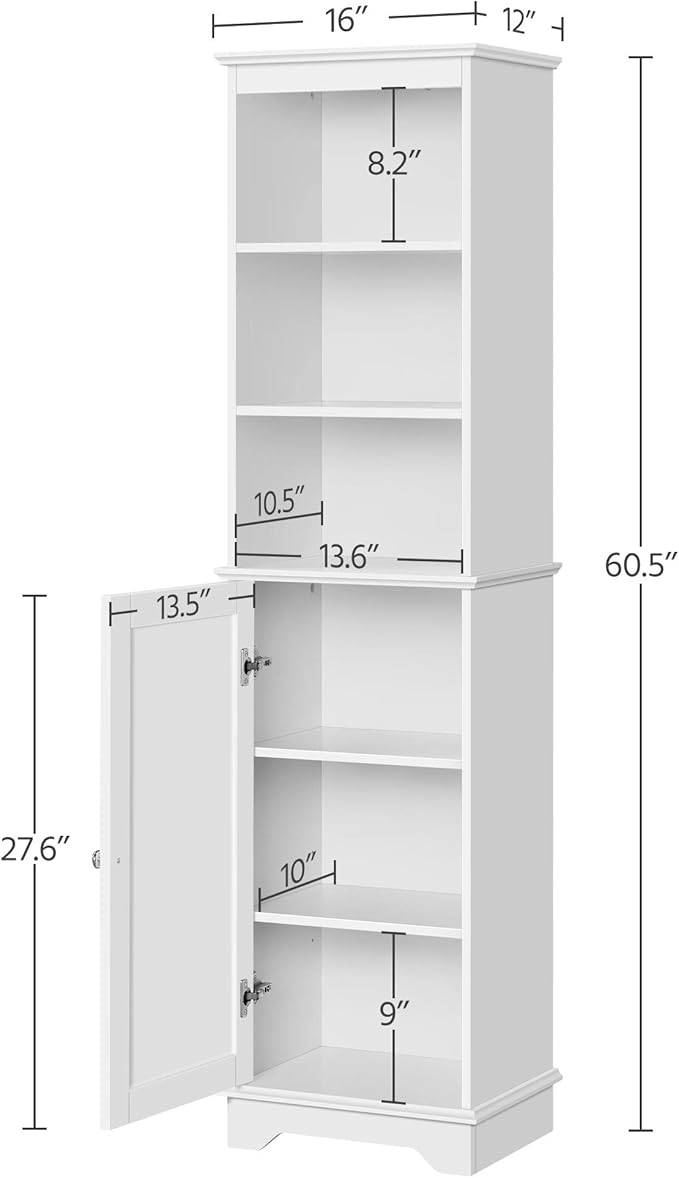 Yaheetech Tall Slim Storage Cabinet with 3 Shelves & Door, Freestanding Linen Cabinet for Bathroom, Living Room, Entryway, 16 x 12 x 60.5 Inches, White