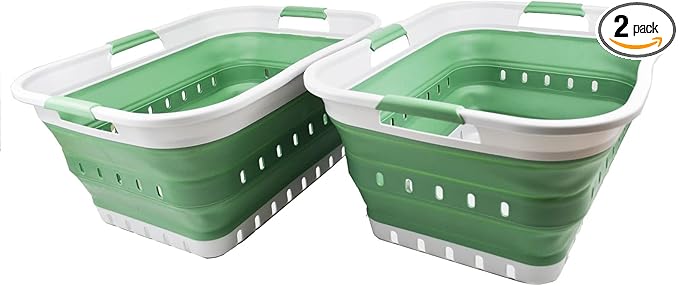 SAMMART 42L (11 gallon) Collapsible Plastic Laundry Basket - Foldable Pop Up Storage Container/Organizer - Portable Basket - Space Saving Hamper/Basket (Grey/Dark Sea Green (Set of 2))