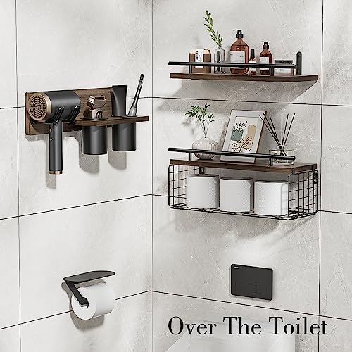 Bathroom Floating Shelves with Hair Dryer Holder - Wall Mounted Wood Wall Shelf with Blow Dryer Storage Over The Toilet - Set of 3 Rustic Brown Farmhouse Decor