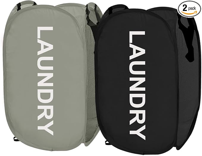 Larpur Pop Up Laundry Baskets, 2 Pack Mesh Laundry Hampers Collapsible Clothes Hampers for Home, Dorm, Travel (Black + Gray)