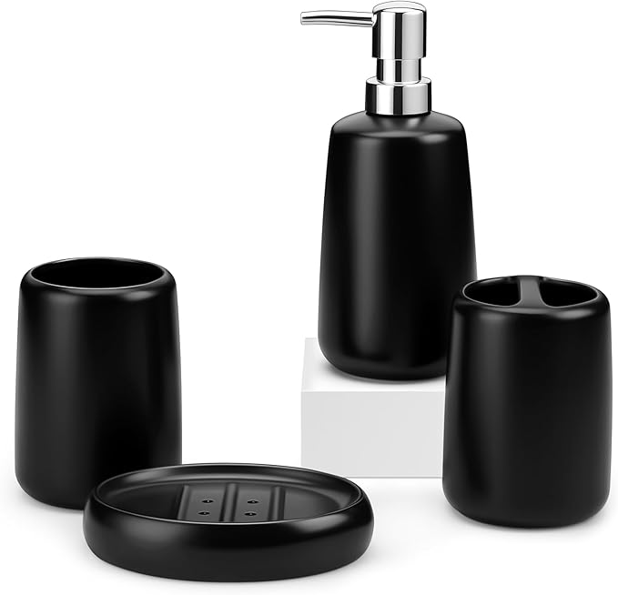 MALACASA Ceramic Bathroom Accessories Sets, 4 PCS,Soap Dispenser, Toothbrush Holder, Toothbrush Cup and Soap Dish, Durable Bathroom Sink Set for Modern Home Decor,Gift Set, Black