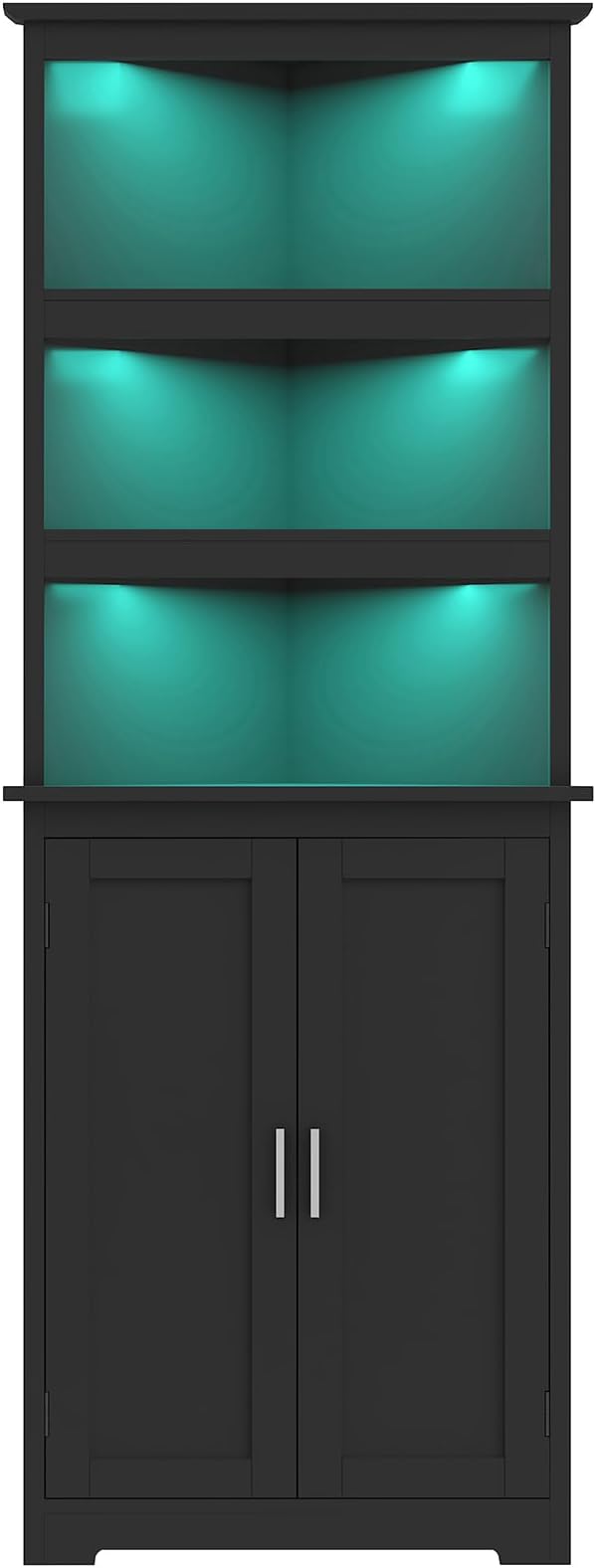 TEENFON Tall Corner Cabinet with LED Lights, Gothic Style Corner Storage Cabinets with Doors, 5-Tier Bathroom Cabinet, Living Room, Dining Room, Black