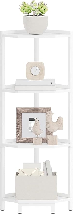 Corner Shelf Stand, Corner Bookshelf, Storage Standing Shelf Unit with Metal Frame, Plant Stand, Bookcase for Living Room, Home Office, Bedroom, 4-Tier White CS05813W