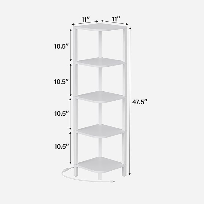 TUTOTAK Corner Shelf with LED Light, 5-Tier Corner Bookshelf for Small Space, Narrow Display Corner Shelf Stand with Storage Rack, for Living Room, Bedroom, White BS08BW005L