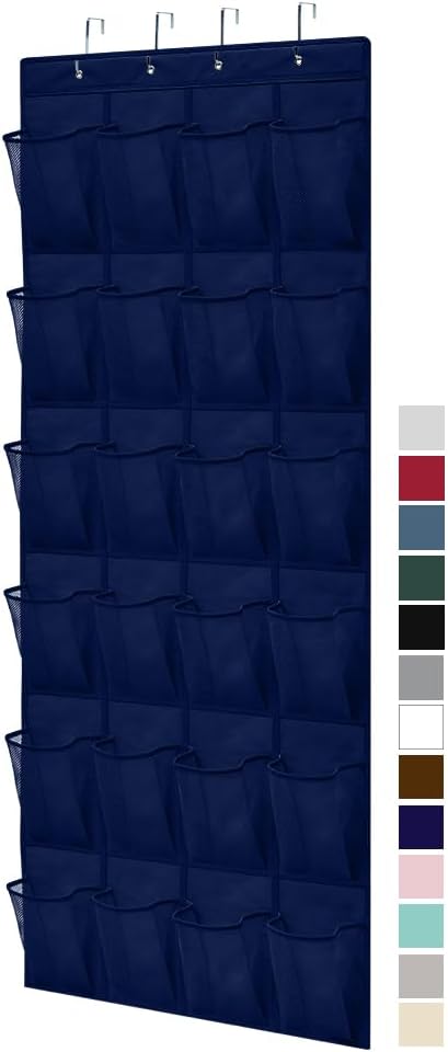 GORILLA GRIP Over the Door Shoe Organizer, 24 Large Breathable Mesh Pockets, Space Saving Hanging Storage Holder, Closet Rack Hanger Holds Up to 40 lbs, Hangs on Closets for Shoes, Accessories, Navy