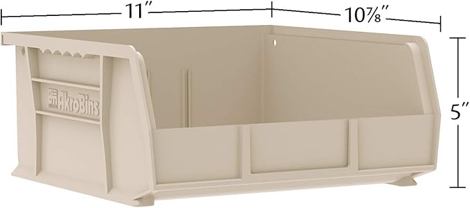Akro-Mils 30235 AkroBins Plastic Storage Bins, Space-Saving Stackable Bins for Garage, Pantry, Craft Organization, 11" x 11" x 5", Stone, 6-Pack