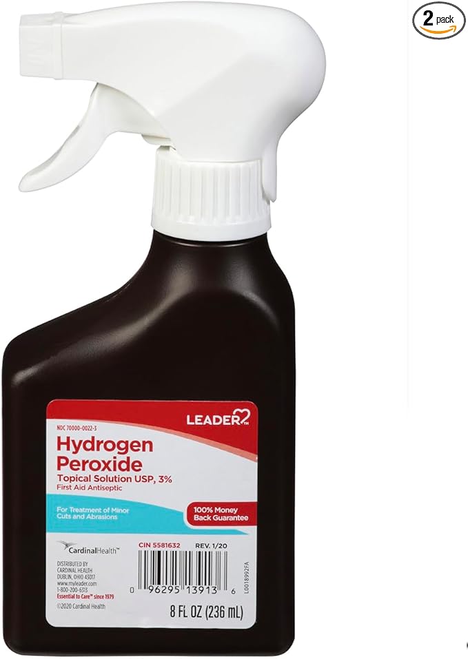 Leader Hydrogen Peroxide 3% Topical Solution, First Aid Antiseptic, Multi-Purpose Cleaner, Gentle & Effective Spray for Home, Cuts, and Scrapes, Easy-to-Use, 8 Fl Oz Spray Bottle (2 Pack)