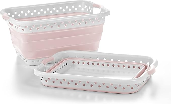 Pop & Load Collapse and Store Collapsible Plastic Laundry Basket - Large 1 pc Portable Pop Up Laundry Hamper for Laundry Room, Groceries, Office, Basket with Comfort Grip Handles, 10.5 Gallons, Pink