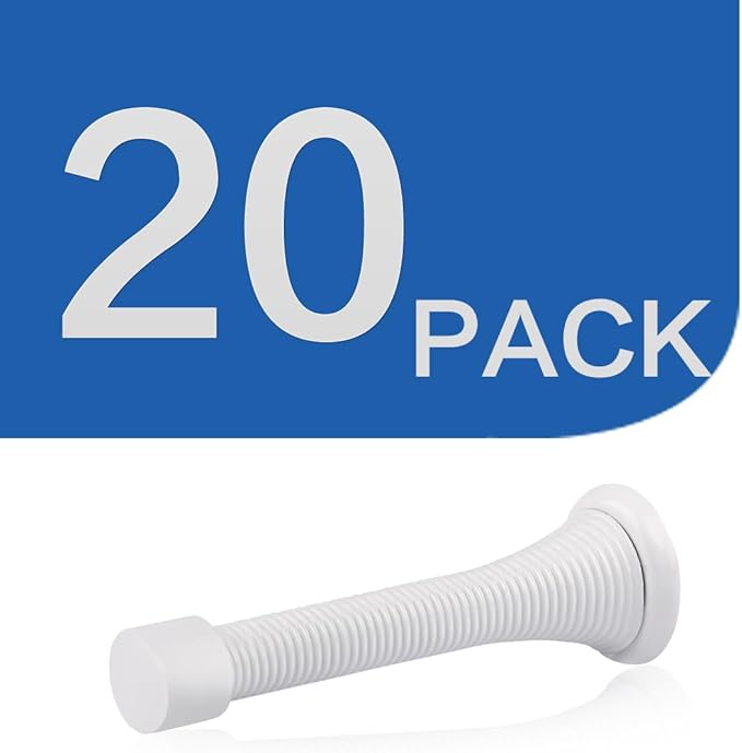 HOMOTEK 20 Pack Spring Door Stops,3-1/8” Heavy Duty Door Stop - Flexible Spring Door Stopper with Low Mounted White Rubber Bumper Tips, White