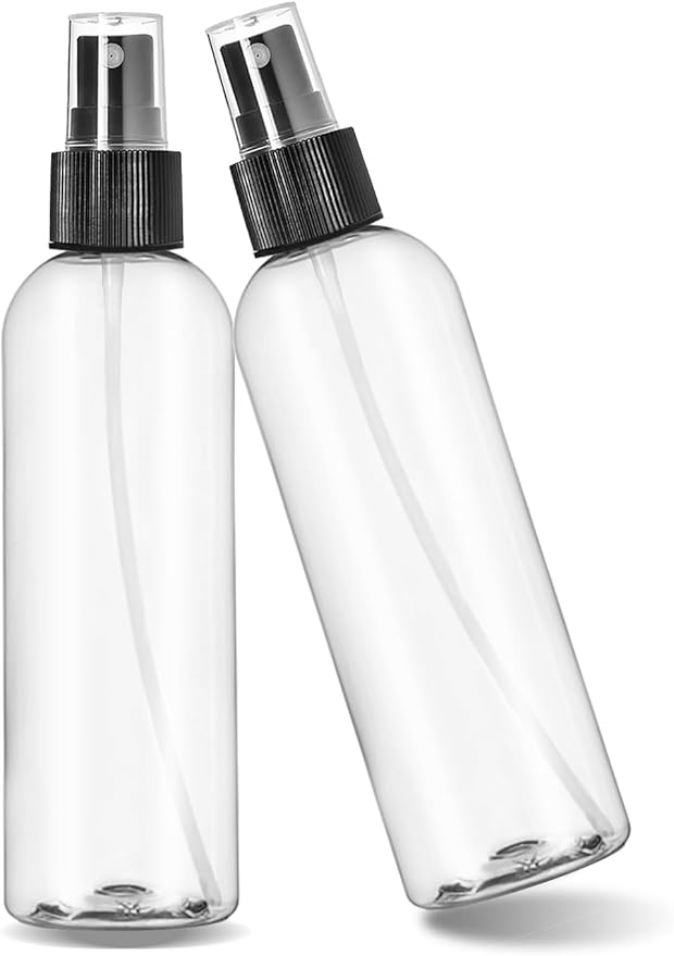 ljdeals 8 oz Clear Plastic Spray Bottles, Black Fine Mist Sprayer, Refillable Empty Bottles for Essential oils, Perfumes, Travel. Pack of 2, Made in USA