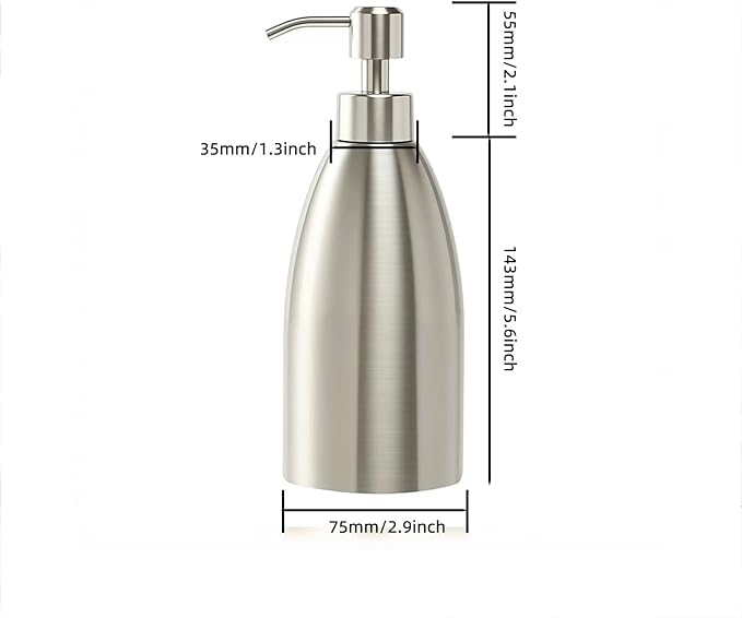 304 Stainless Steel Soap Dispenser 16oz Rust-Proof Liquid Soap Pump Bottle for Kitchen or Bathroom Countertop Hand Dish Lotion Leak-Proof (Stainless Steel)