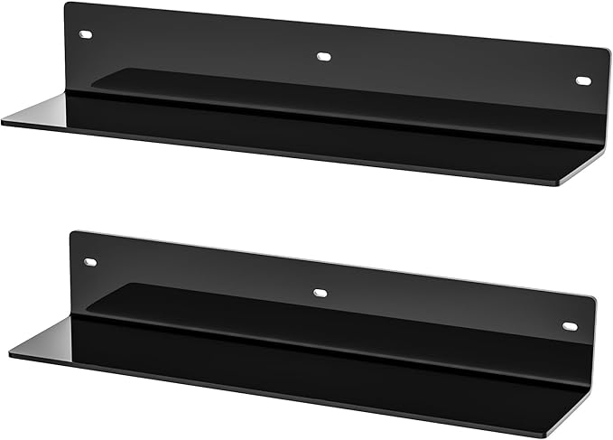 16 Inches Black Acrylic Wall Shelves 2 Pack, L Shape Floating Shelf, Acrylic Corner Shelf for Model Car, Candle, Calendar, Towel, Toiletries, Moisture-Proof, 4'' Depth