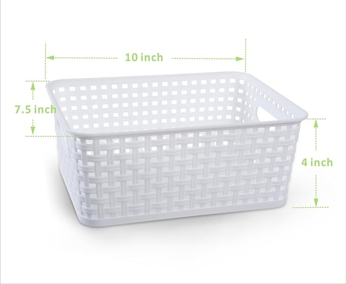 White Plastic Woven Storage Baskets, 6-Pack Weave Basket Organizer for Kitchen Office Bathroom