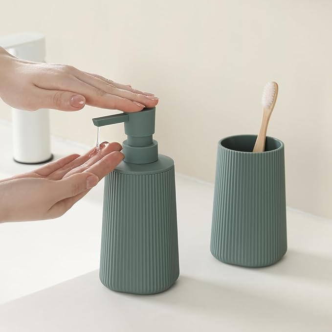 Bathroom Accessories 2 Piece Soap Dispenser and Toothbrush Holder Set Striped Green