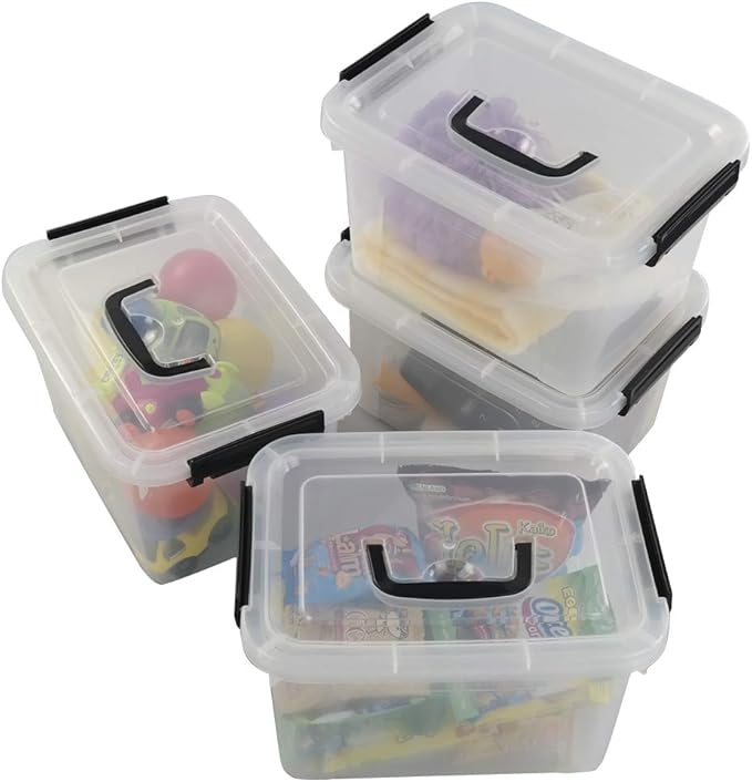 Begale 5 Quart Plastic Small Storage Container, Clear Latch Box with Latches, 4-Pack