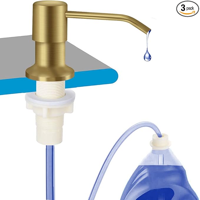 Dish Soap Dispenser for Kitchen Sink, Countertop Sink Soap Dispenser Water Pump with 47” No-Spill Extension Tube Kit Design for Kitchen Bathroom, Easy to Press, No More Refills （Golden）