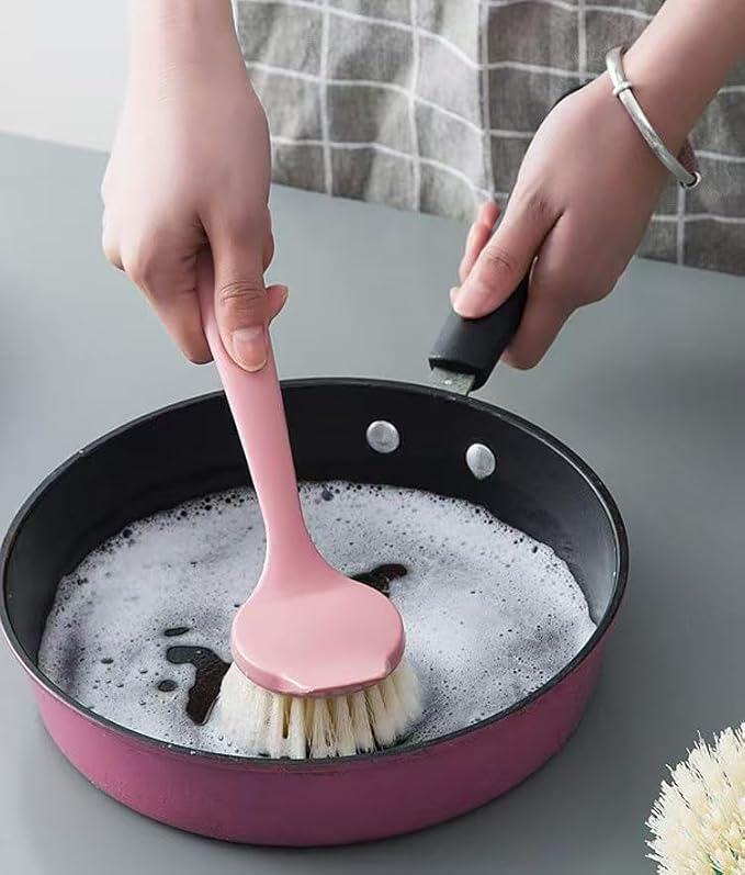 2 Pack Dish Brush with Handle – Long Handle Scrubber with Tough Bristles, Pink,Kitchen Brushes for Cleaning Pot, Sink and Stove