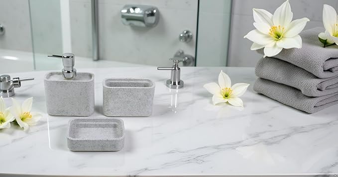 Hymmah Marble Pattern Bathroom Accessories Set, Toothbrush Holdr Set, 3 Pieces Resin Bathroom Set with Toothbrush Holder, Soap Dispenser, Soap Dish,Tumbler(Grey)