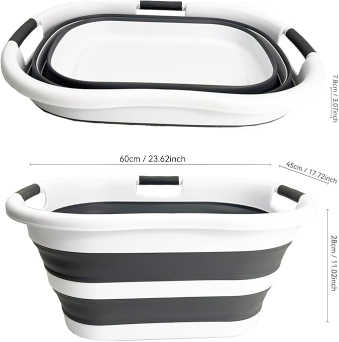 SAMMART 40L (10.5 gallon) Plastic Foldable Laundry Basket/Tub - Collapsible, Space Saving and Portable Laundry Hamper, Ideal for Home, Travel, Dorm, and Camping (1, White/Steel Gray)