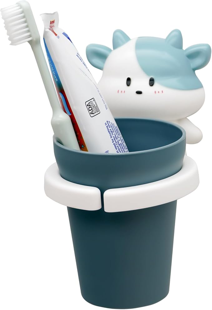 Cute Kids Toothbrush Holder with Cup & Toothpaste Wall Mounted, Adhesive Bathroom Organizer - Kids Bathroom Decor Accessories, Animal Toothbrush Holders for Kids - Blue Cow