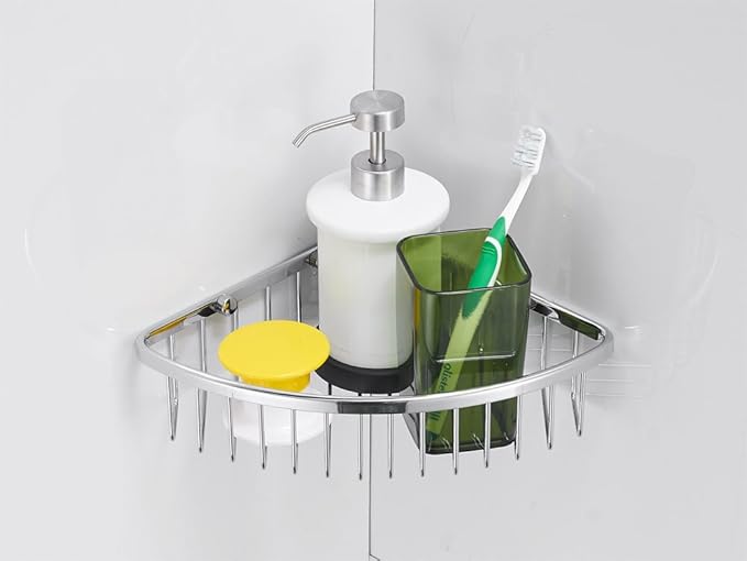 SANLIV Corner Shower Caddy,Chrome Corner Shower Basket,Wall Mounted Bathroom Soap Holder & Shampoo Shelf,Solid Brass Wire Basket Soap Dish for Inside Shower,Polished Chrome
