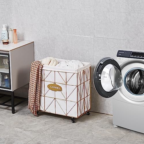 Mxfurhawa Laundry Hamper,Collapsible Laundry Basket Large Capacity Metal Laundry Hamper with Removable Liner, Rolling Wheels and Collapsible Design for Clothes Storage and Organization (110L GOLD)
