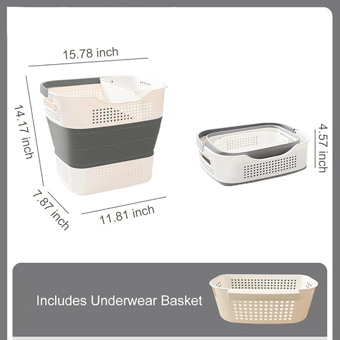 46L Collapsible Laundry Basket with Underwear Hamper, Foldable Laundry Basket, Laundry Baskets Storage Container/Organizer/Clothes Hamper for Laundry (Gray)