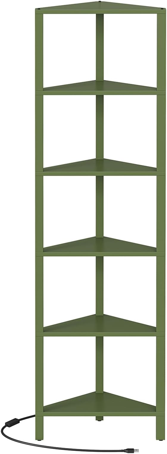 TUTOTAK Corner Shelf with LED Light, 6-Tier Corner Bookshelf for Small Space, Narrow Display Corner Shelf Stand with Storage Rack, for Living Room, Bedroom, Olive Green BS05BOG006L