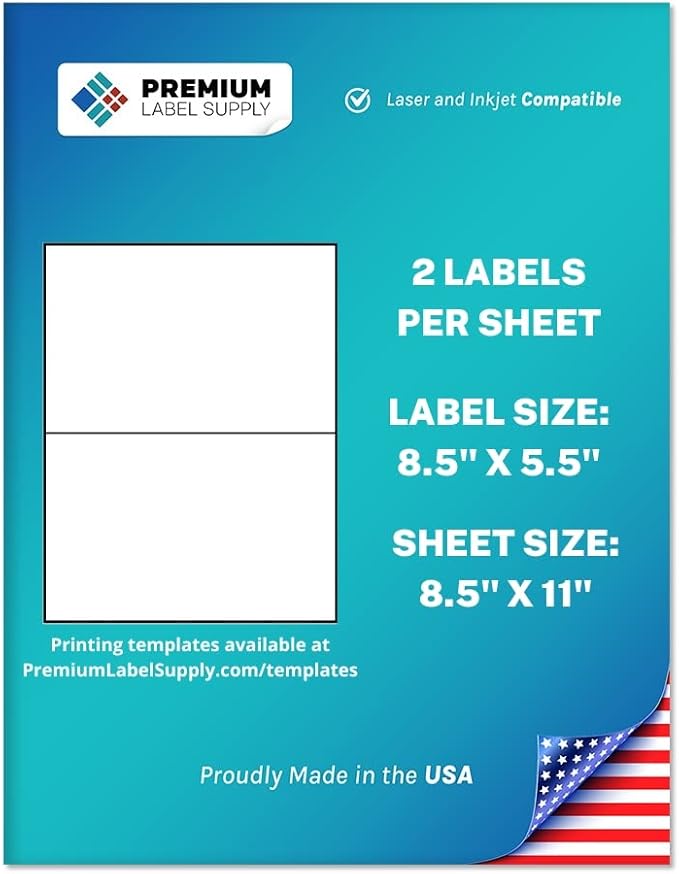 Premium Label Supply White Sticker Half Sheet Labels – 8.5" x 5.5" – Laser/Inkjet Compatible – (2 per Sheet), 200 Sheets - 400 Total Adhesive Labels