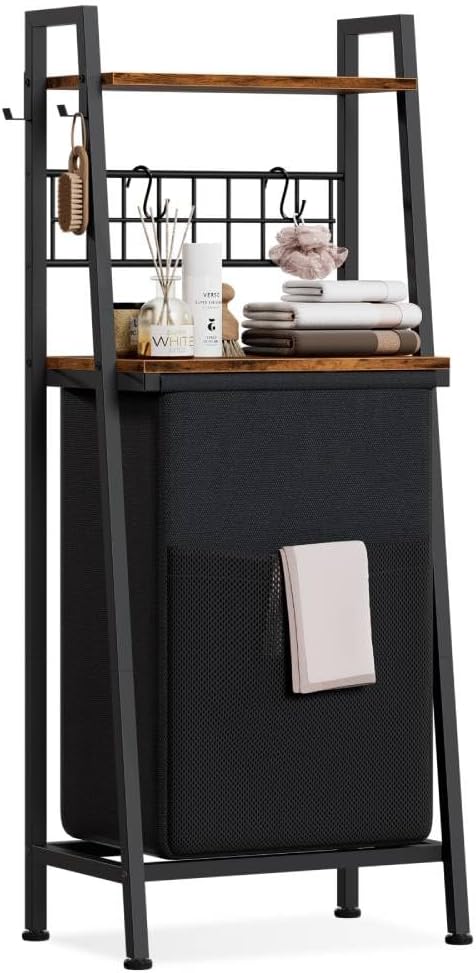Furnulem Laundry Hamper, Vertical Laundry Basket with 2 Tiers Wooden Shelf and Hooks, Clothes Hamper with Pull-Out and Removable Bag for Bathroom, Bedroom, Dorm, 13.21 Gallons (50L)