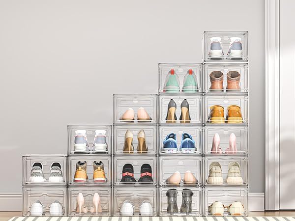 ARSTPEOE Upgrade Harder Solid Plastic Shoe Organizer, Shoe Storage with Magnetic Front Door, Shoe Rack 6 Pack Shoe Boxes Clear, Sneaker Storage, Shoe Organizer for Closet, Shoe Display Case, White