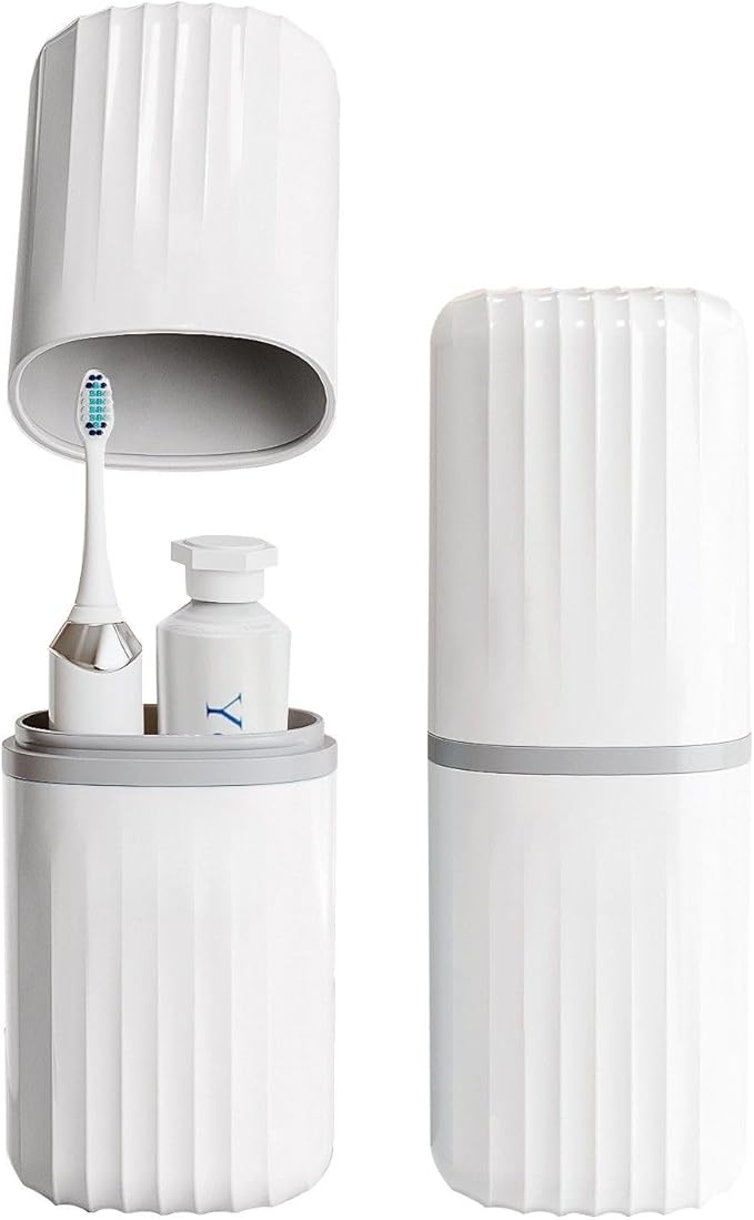 Topavatop Toothbrush Travel Case, 2 in 1 Toothbrush Holder and Rinse Cup, Large Capacity Toothbrush Cup with Cover, Portable Travel Toothbrush Holder for Traveling, Camping, Trip - 1Pcs - White