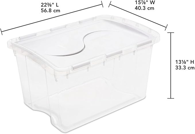 Sterilite 48 Qt Hinged Lid Storage Box, Stackable Bin with Lid, Plastic Container to Organize Home, Office, Basement, Clear with White Lid, 18-Pack