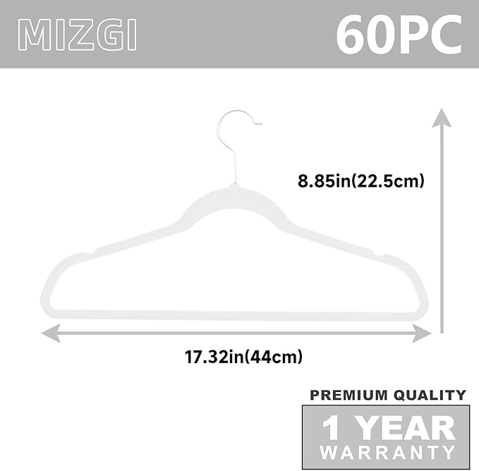MIZGI Premium Velvet Hangers (60 Pack) Heavy Duty - Non Slip Felt Hangers - Velvet Suit Hanger White - White Coated Hooks,Space Saving Clothes Hanger