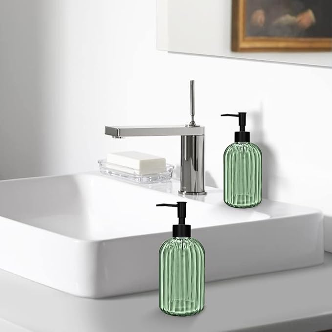 2 Pack 14oz Glass Soap Dispenser with Black Pump – Refillable for Hand Soap, Dish Soap, Lotion, Suited for Kitchen, Bathroom & Laundry Room(Olive Green)