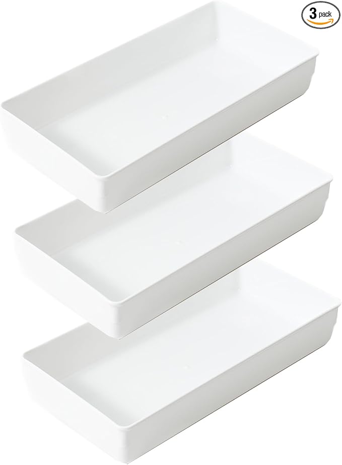 ihomecooker 3 Pack White Plastic Drawer Organizer Tray Cutlery Utensil Makeups Drawer Organizers 12" X 6"…