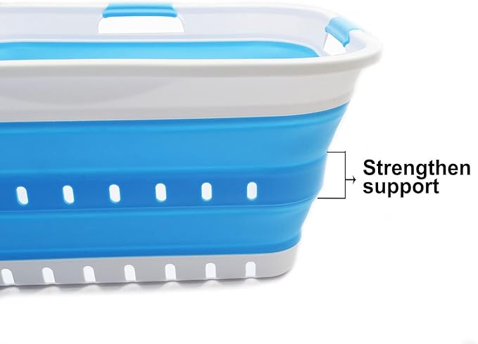 SAMMART 42L (11 gallon) Collapsible Plastic Laundry Basket - Foldable Pop Up Storage Container/Organizer - Portable Basket - Space Saving Hamper/Basket (2, White/Marine Blue)