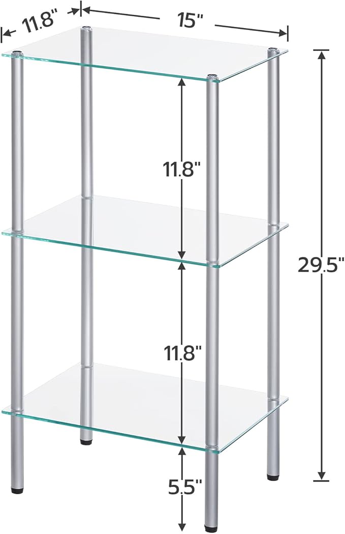 HOOBRO Glass Shelf, 3 Tier Bathroom Standing Shelf Unit, Tempered Glass Shelving Stand for Small Space, Perfume Stand Organizer, Space-Saving, for Bathroom, Bedroom, Steel Frame, Silver SV03CJ01