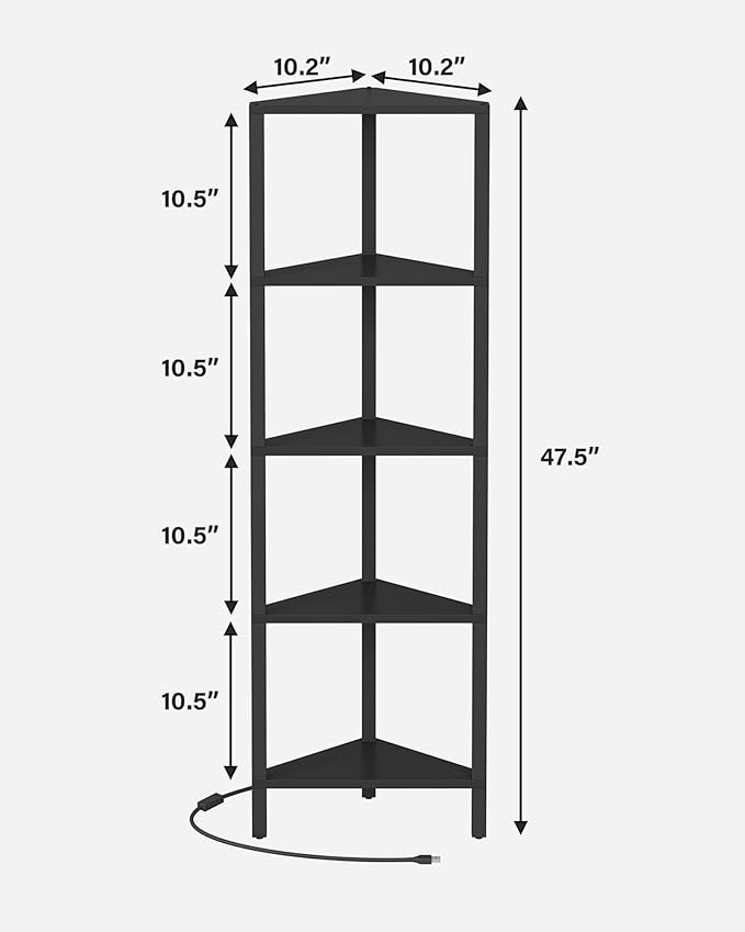 TUTOTAK Corner Shelf with LED Light, 5-Tier Corner Bookshelf for Small Space, Narrow Display Corner Shelf Stand with Storage Rack, for Living Room, Bedroom, Black BS05BK005L