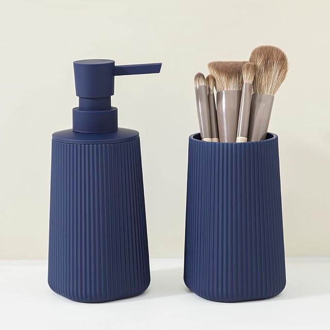 Bathroom Accessories 2 Piece Soap Dispenser and Toothbrush Holder Set Striped Blue