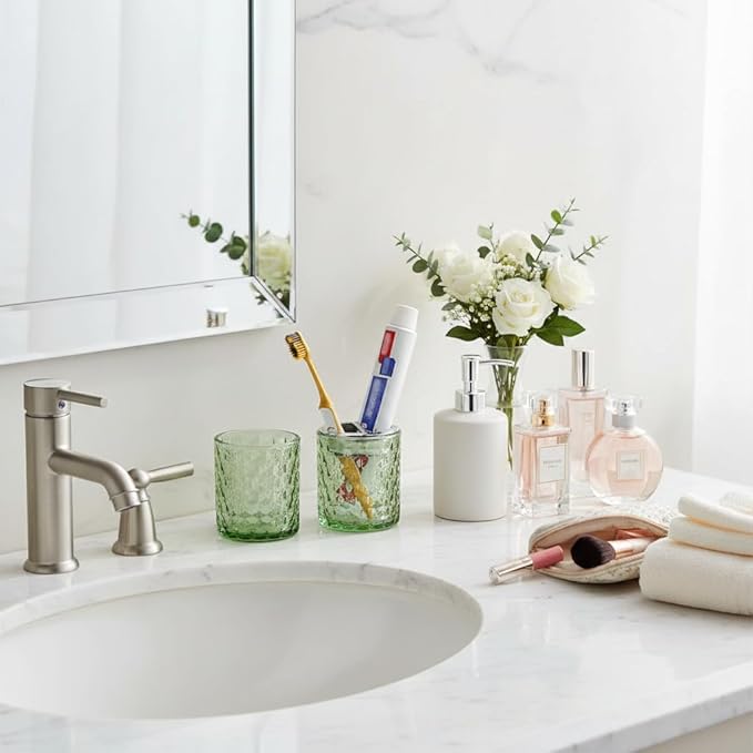 2pcs Toothbrush Holders for Bathrooms,Glass Toothbrush Holder and Bathroom Tumbler Set,Toothbrush and Toothpaste Holder with Divider,Bathroom Toothbrush Cup Holder (Green and Silver)