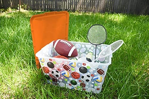 Storage Totes with Lids 4PC - Made in USA 14.5-Gallon Colorful Printed Decorative Design Storage Boxes Storage Bins with Lids Plastic Storage Containers for Organizer Orange/Sports Balls